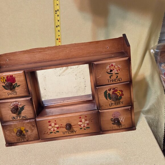 Vintage Sewing Notions Wood Wall/Countertop Cabinet with Drawers and Mirror - Picture 4 of 6
